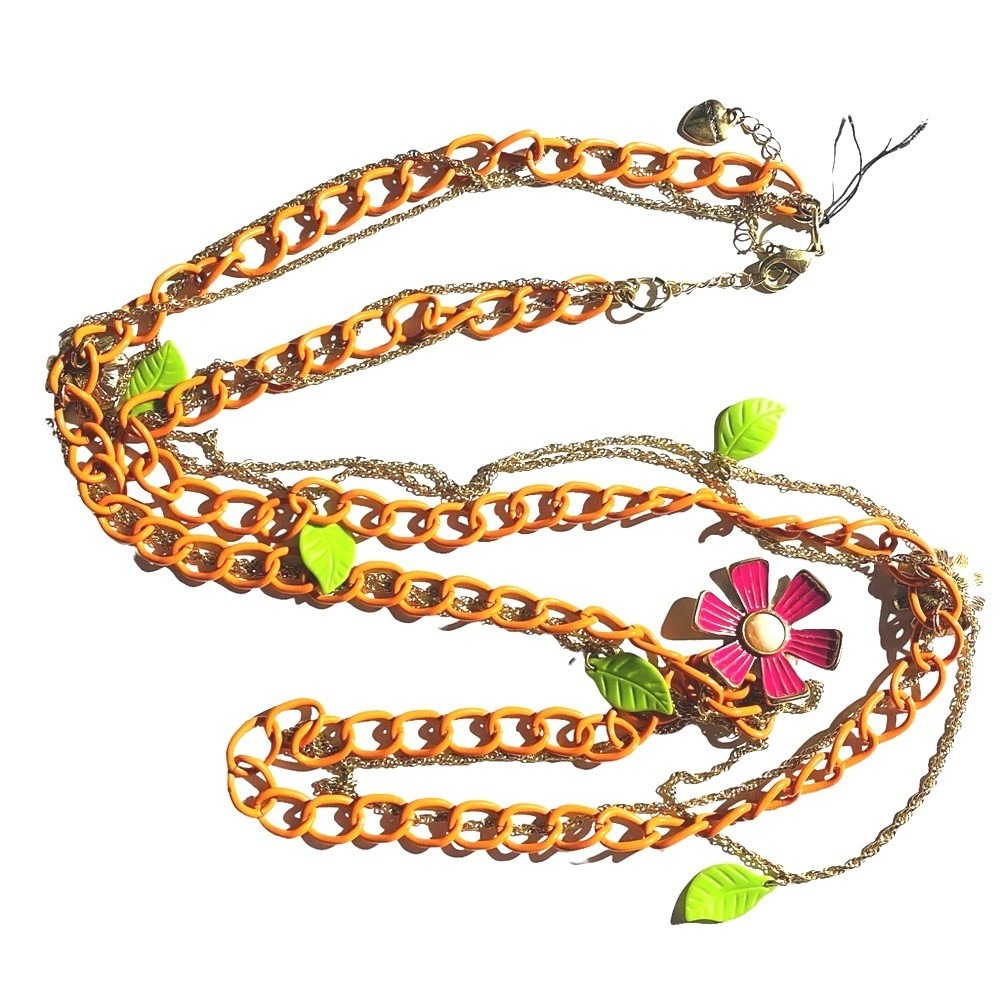 Betsey Johnson Orange Enamel Multi Strand Flower Leaf Long Layered Necklace